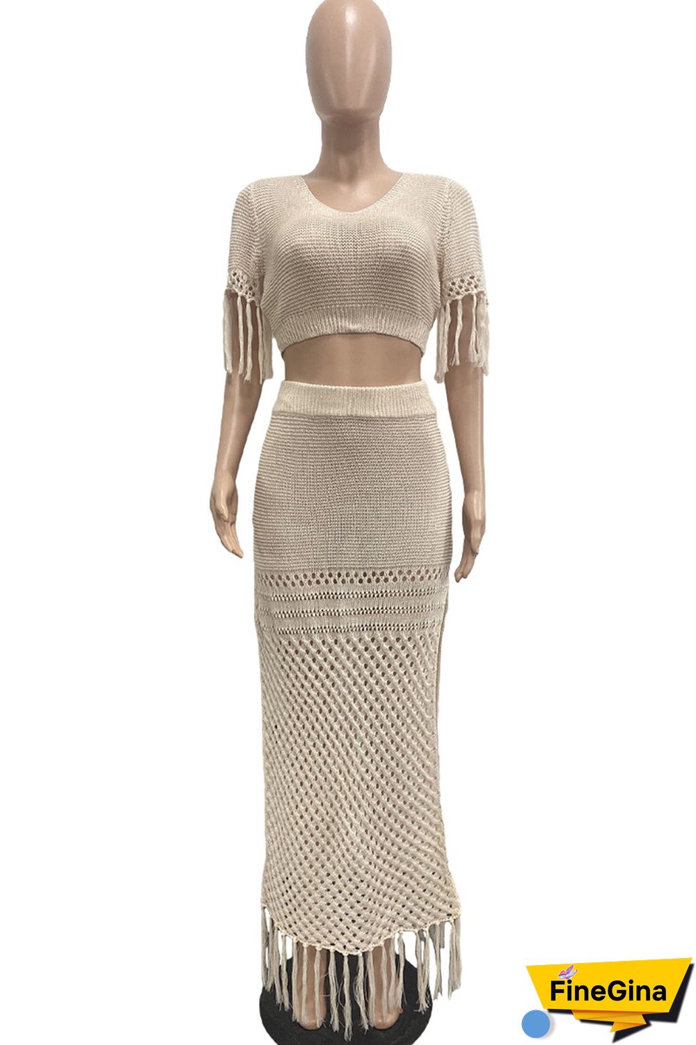 Black Sexy Solid Tassel Slit V Neck Short Sleeve Two Pieces