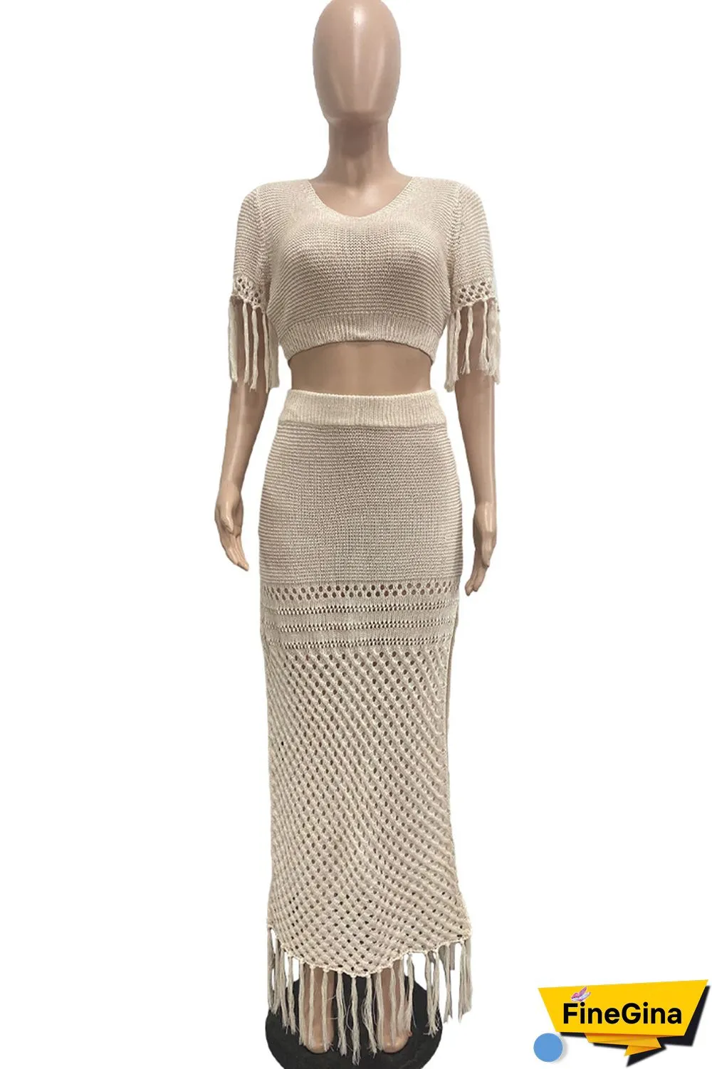 Black Sexy Solid Tassel Slit V Neck Short Sleeve Two Pieces