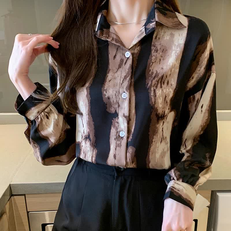 Vintage Ink Painting Long Sleeve Lapel Shirt Workwear