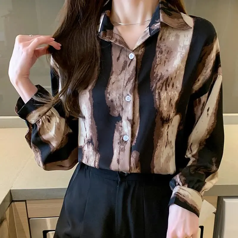 Vintage Ink Painting Long Sleeve Lapel Shirt Workwear
