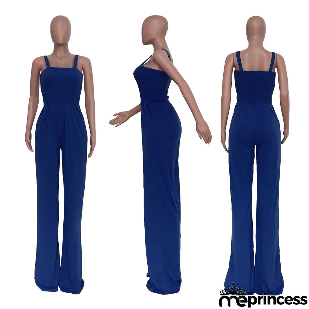 Women'S Solid Casual Strap Sleeveless Wide Leg Jumpsuit