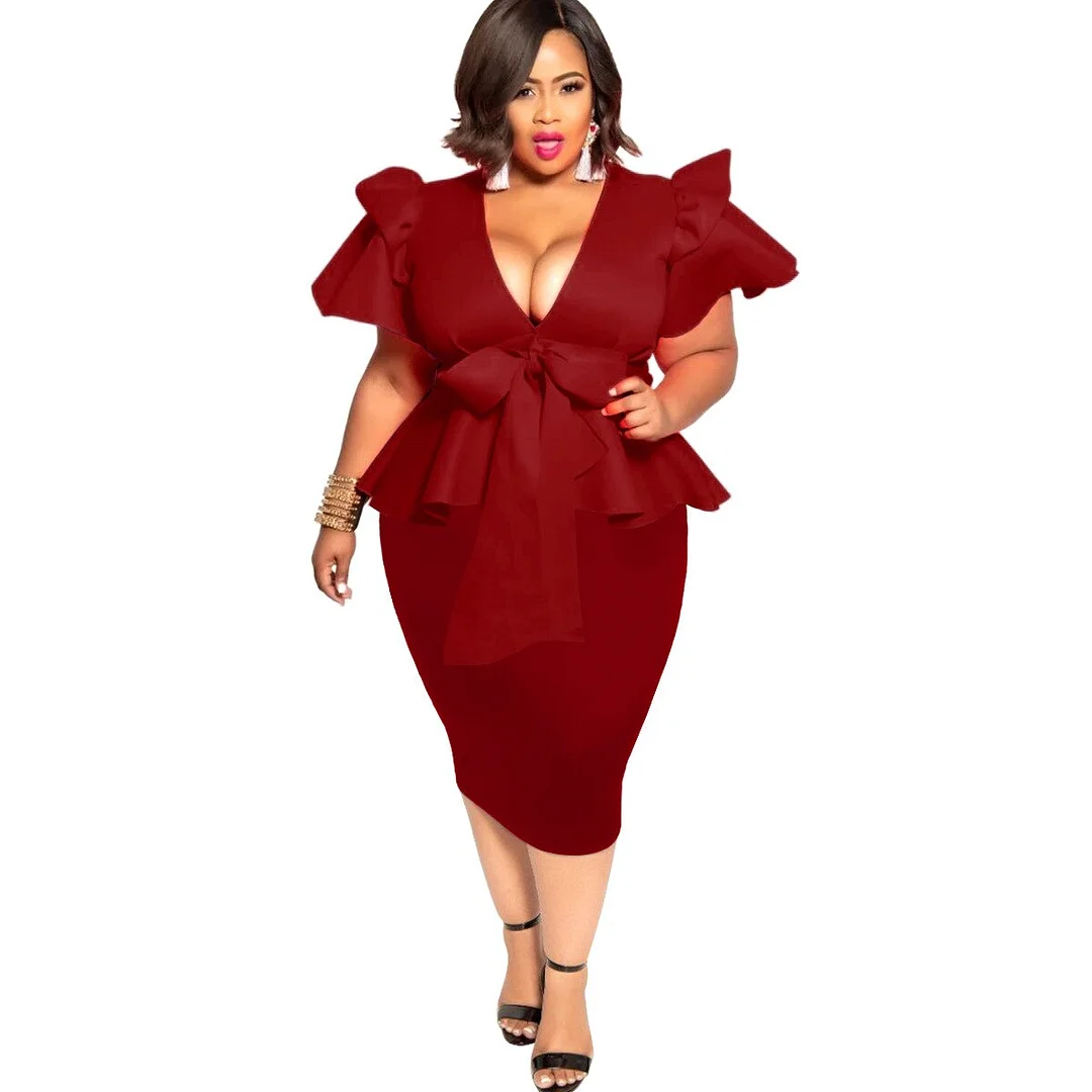 CM.YAYA Women Dress Plus Size Solid Short Sleeve Ruffles V-neck Sheath Elastic Mid Calf Pencil Dresses Office Lady Fashion Dress