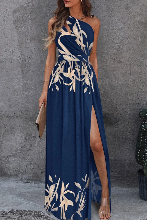 Temperament Oblique Shoulder Hollow Print High Slit Dress