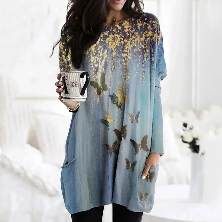 Vefave Sparkling Butterfly Print Long Sleeve Tunic