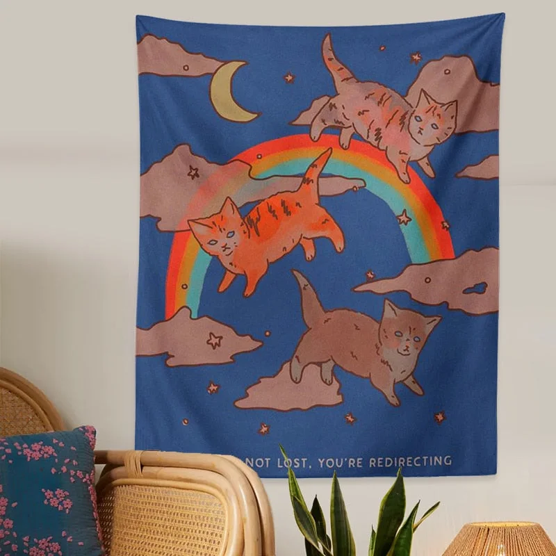 Cute Cat Tapestry Wall Hanging Rainbow Cat star moon Cartoon Tapestries for Living Room Kids Room Bedroom Room Decor Wall Art