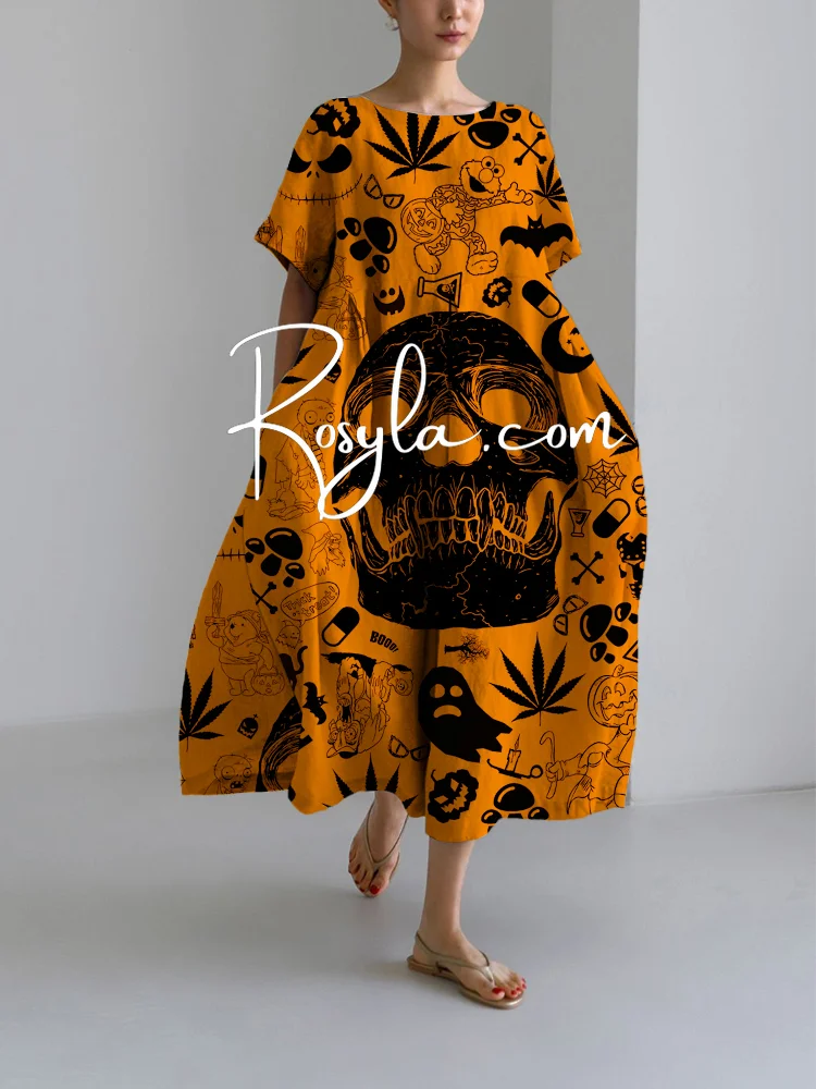 Women's Halloween Skull Print Loose Round Neck Medium Length Skirt Dress
