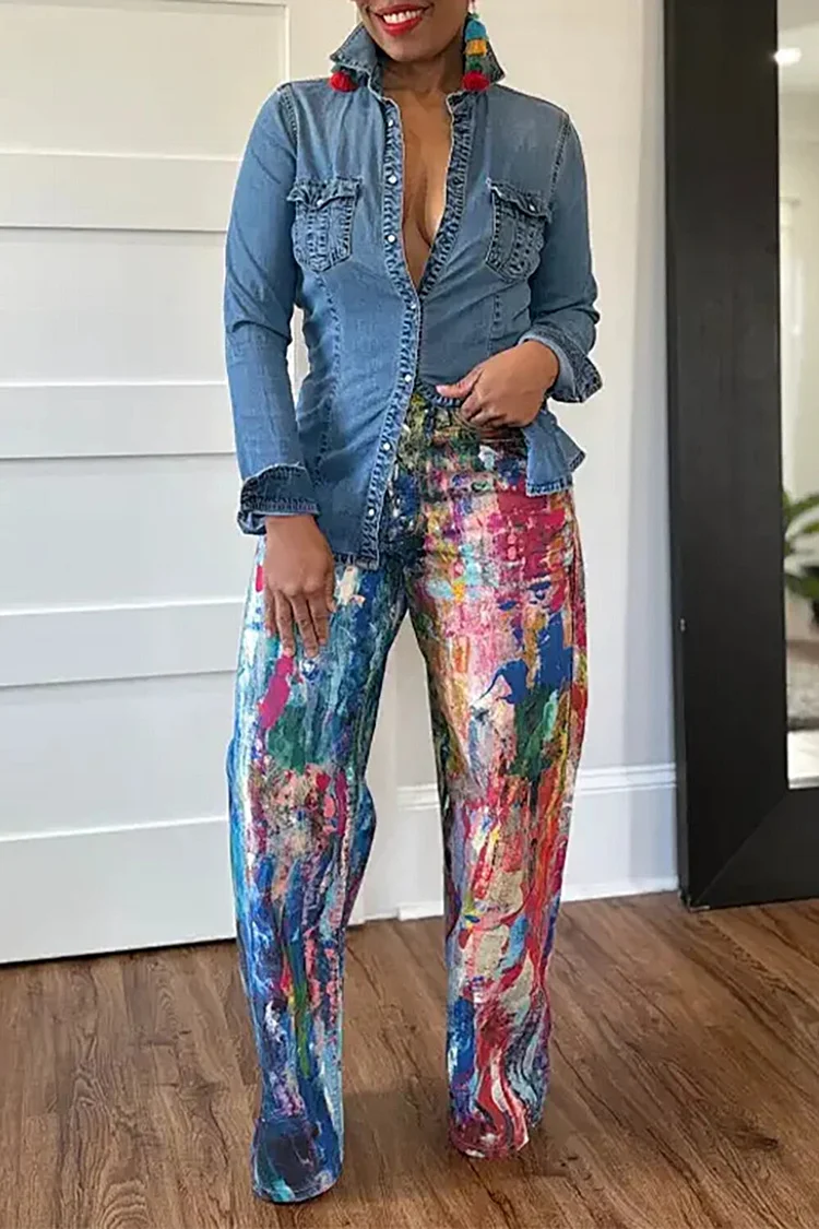 Splash-Ink Painting Print Denim Wide Leg Jeans-Blue