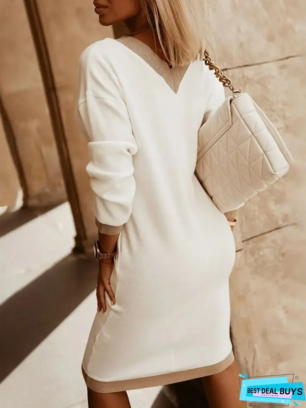 Long Sleeve V-Neck Commuting High Waist Dress