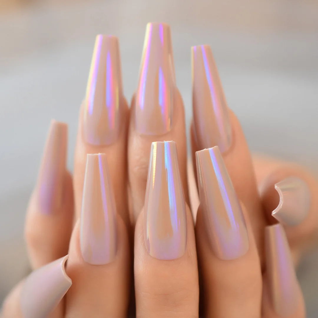 Acrylic Fake Press On Nail Chrome Pink gel Rainbow False Artificial Nails Metallic For Women Faux Ongles Coffin Ballerina-Nail Inspo