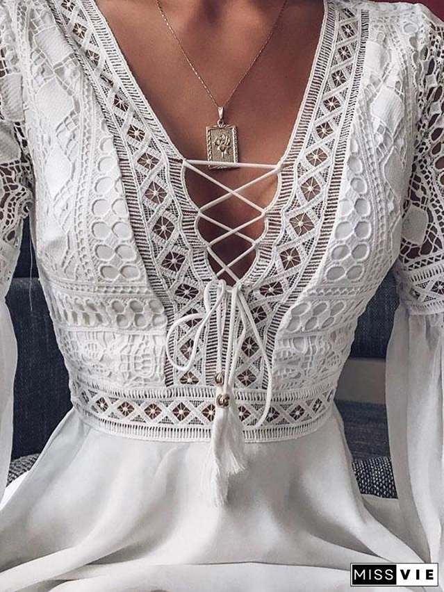 Deep V-neck Tie Long Sleeve Mini Dress for Women