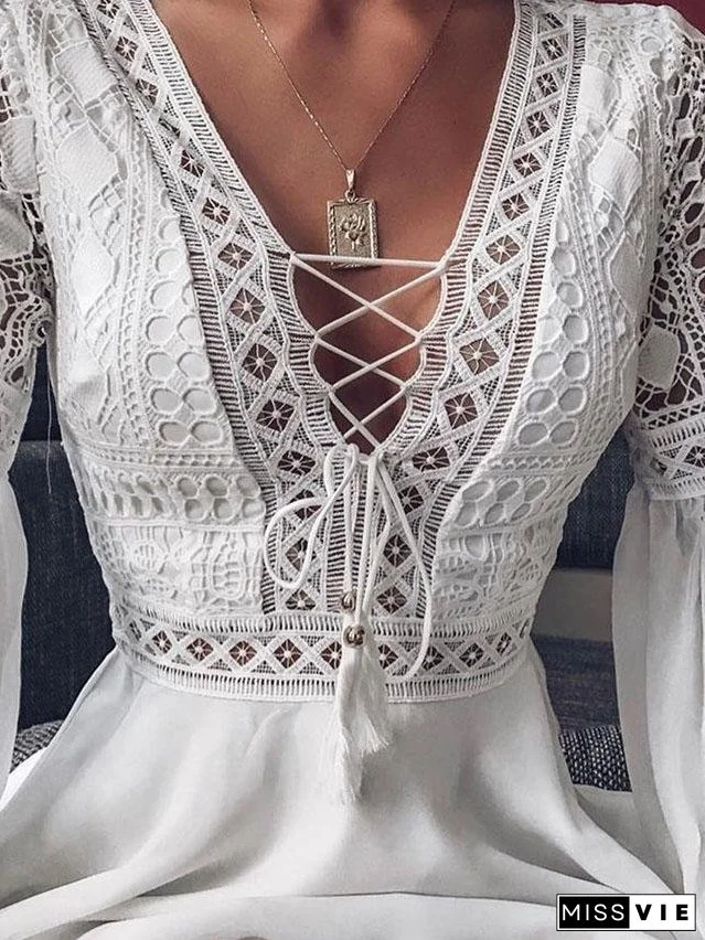 Deep V-neck Tie Long Sleeve Mini Dress for Women