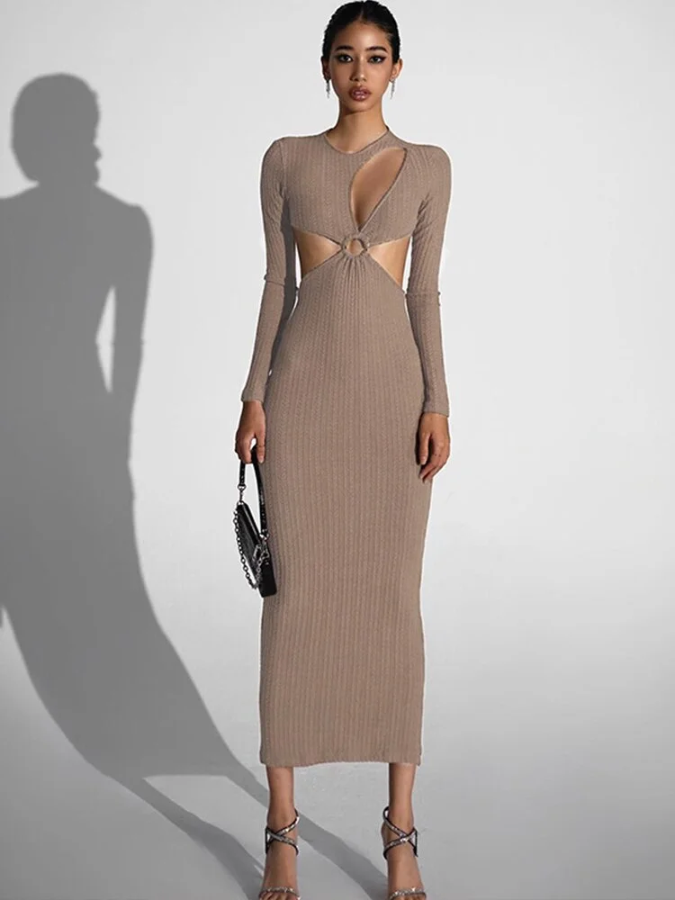 Billlnai Sexy Cut Out Backless Long Sleeves Knitted Maxi Dress Women 2023 Autumn Elegant Party Club Khaki Bodycon Dresses Streetwear