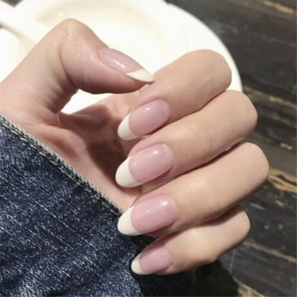 Fashion 24Pcs Natural French Short False Nails Acrylic Classical Full Cover Artificial Nails Home Office DIY Decor With Glue