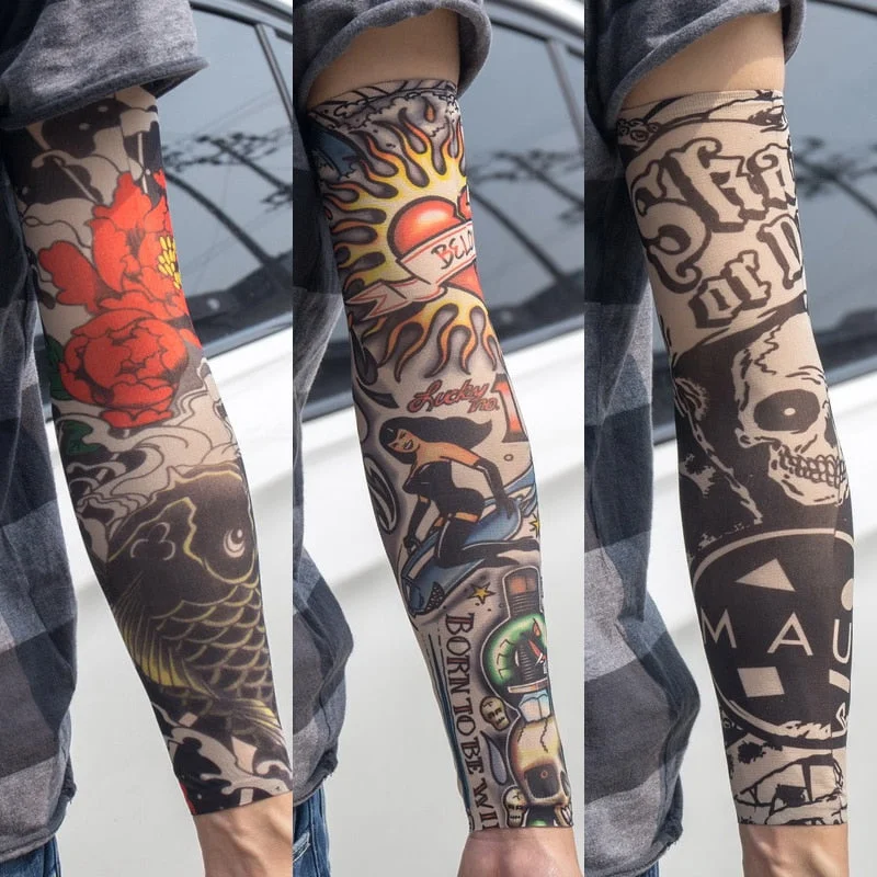 3PCS/lot new mixed 100%Nylon elastic Fake temporary tattoo sleeve skull wolf totem dragon designs body Arm stockings cool men