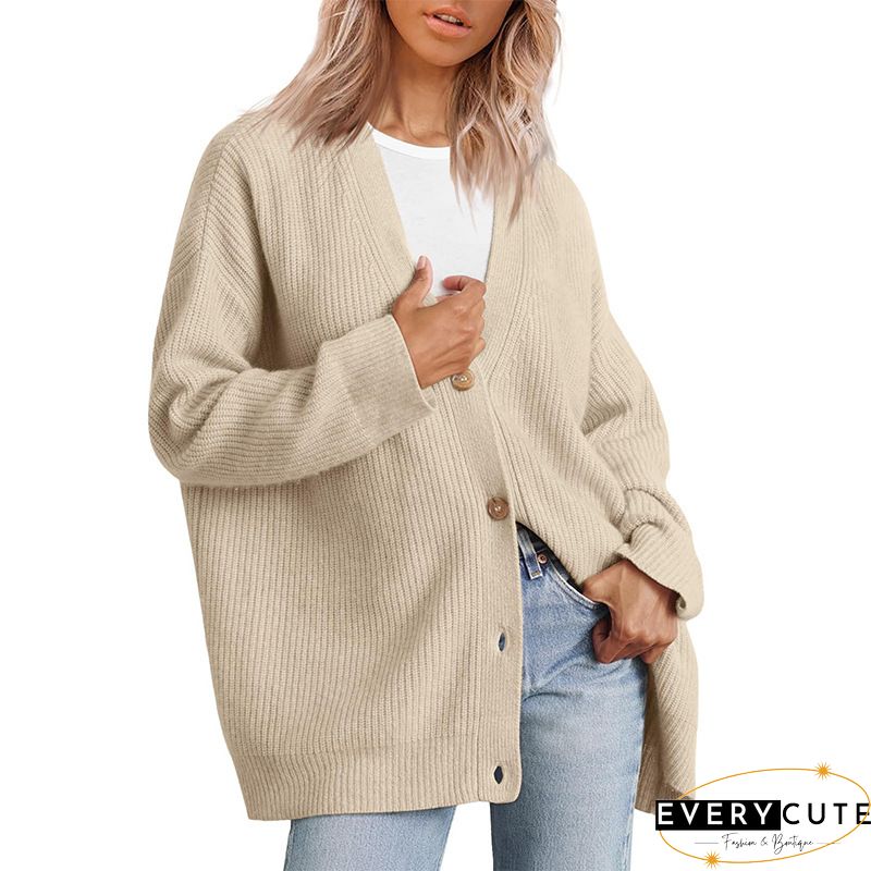 Khaki Drop Shoulder Buttons Front Long Cardigan