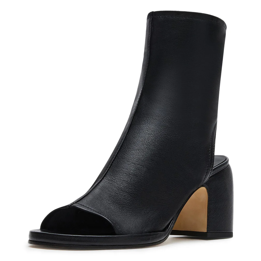 Black Vegan Leather Open Toe Cut-Out Ankle Boots with Side-Zipper