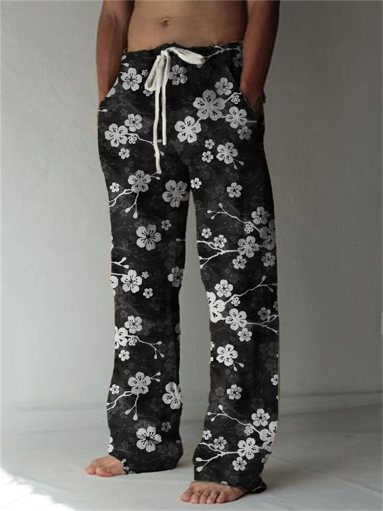 Comstylish Cherry Blossom Japanese Pattern Linen Blend Casual Pants