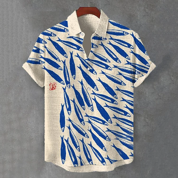 Men's Retro Swimming Sardines Printmaking Art Print Casual Short Sleeve Shirt