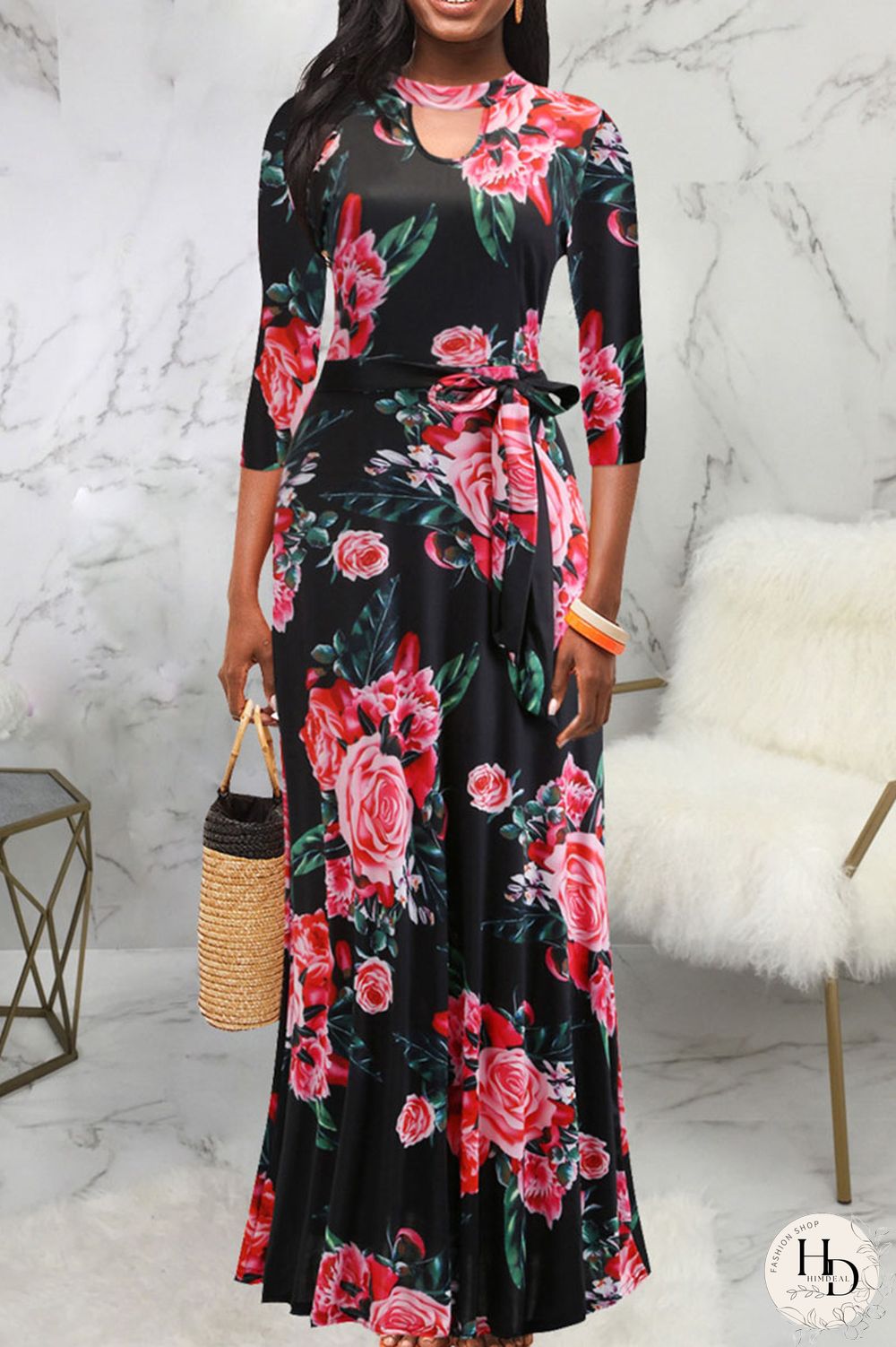 Black Red Casual Print Bandage Hollowed Out Patchwork O Neck Straight Dresses