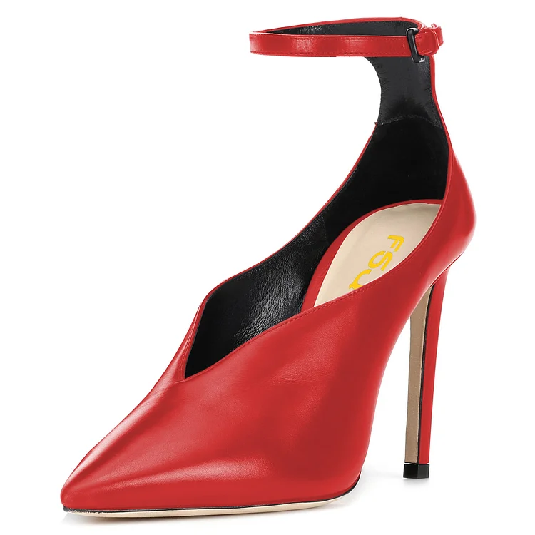 Red Pointy Toe Stiletto Heels Ankle Strap Heels Office Shoes |FSJ Shoes