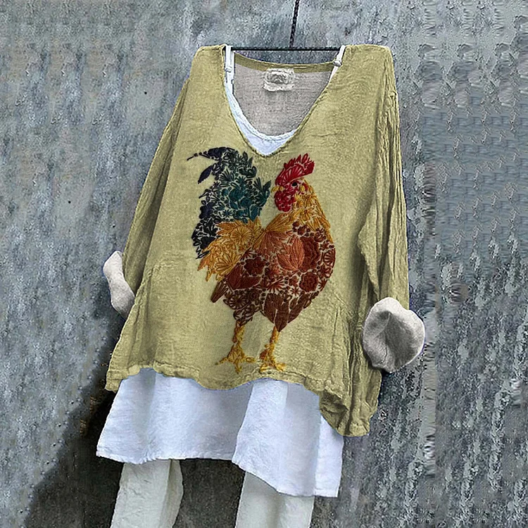 Comstylish Vintage Mister Rooster Floral Chicken Farmer Cozy Linen Blend Shirt