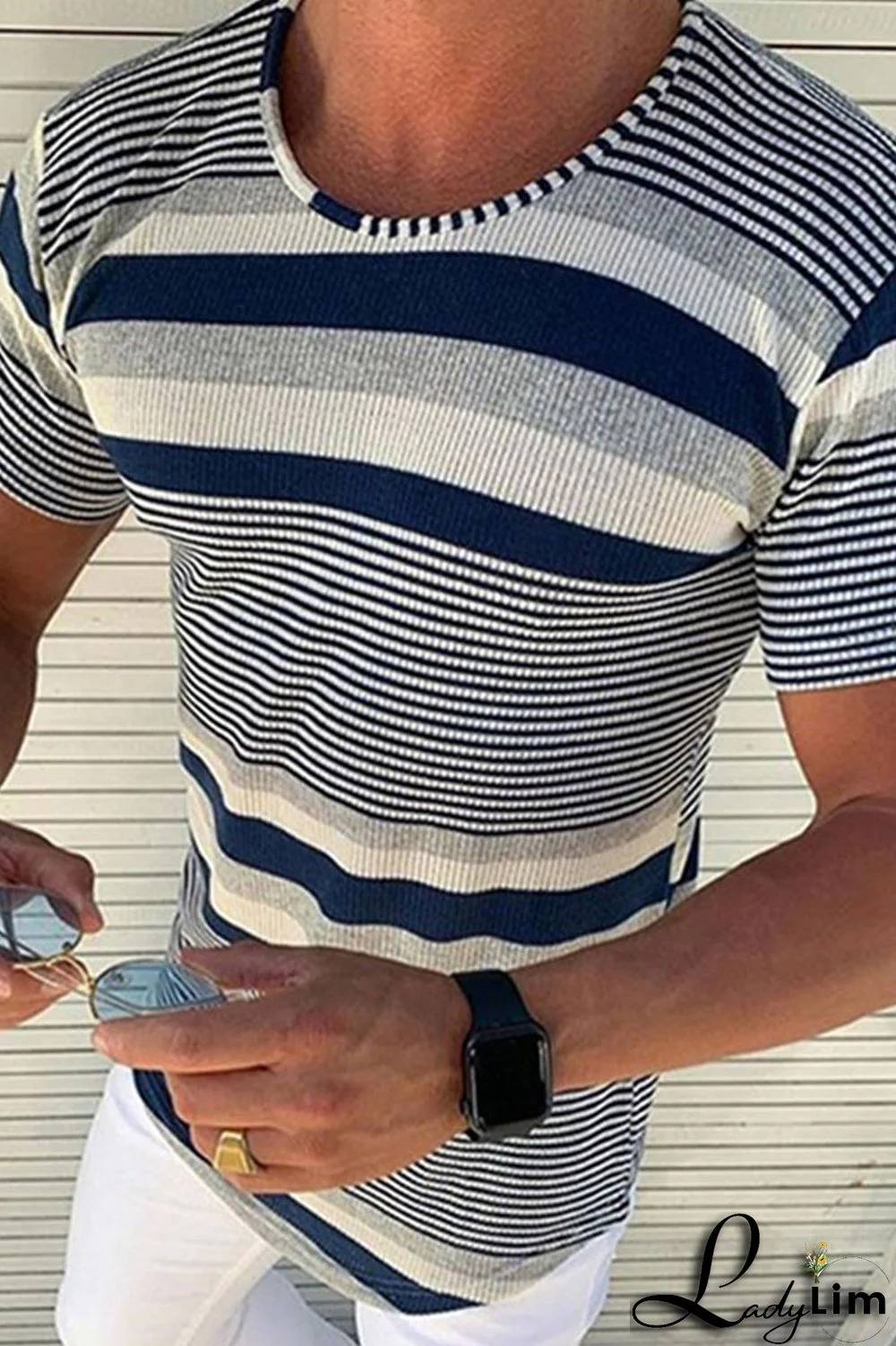 Deep Blue Fashion Street Striped Patchwork O Neck Tops