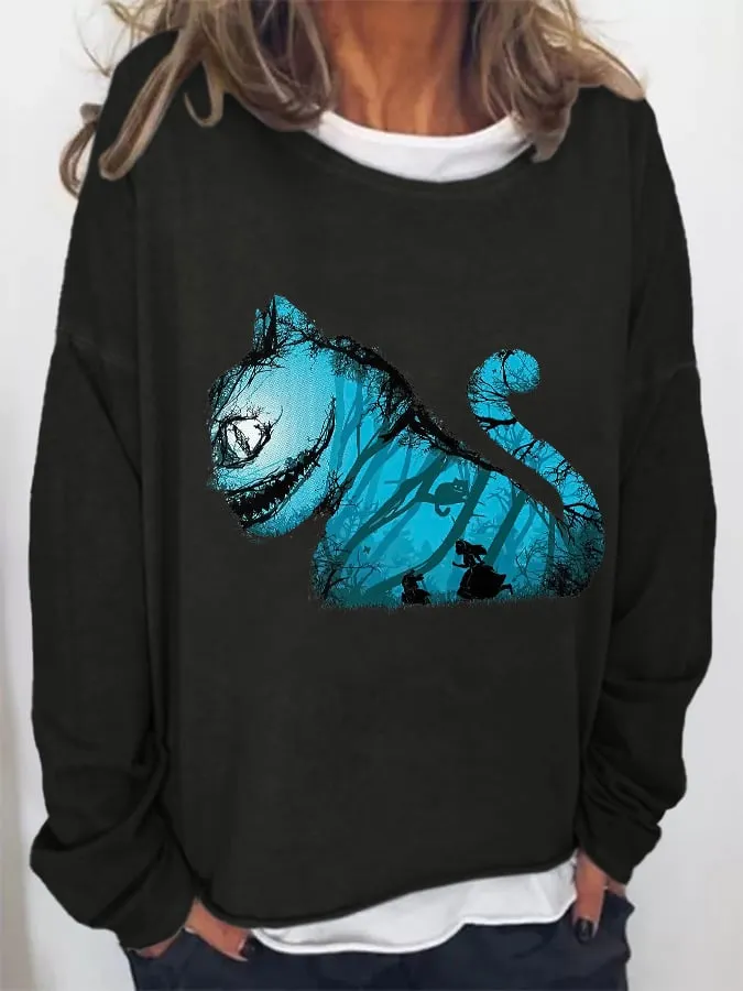 Retro Halloween Cat Print Sweatshirt