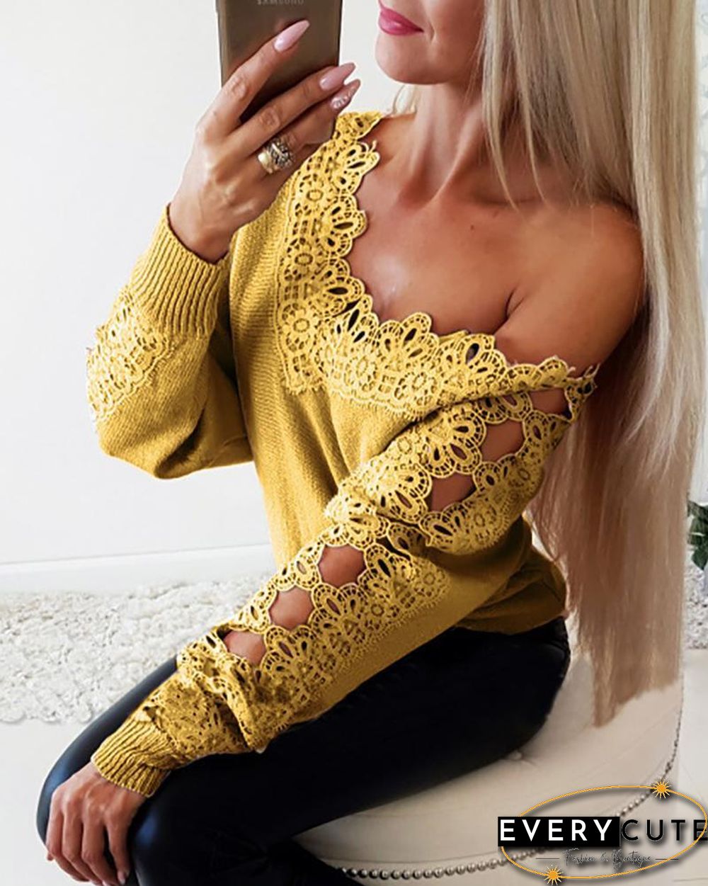 Off Shoulder Hollow out Trim Blouse P13613