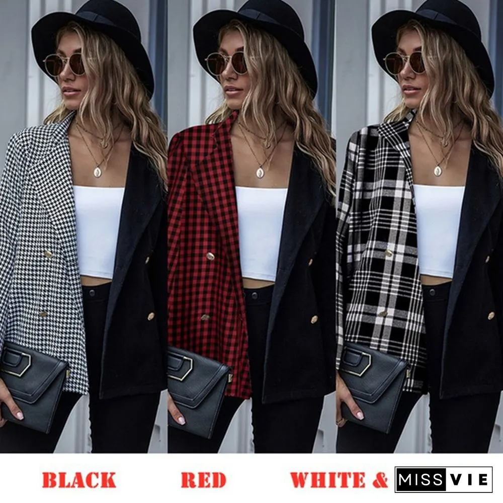 Womens Fashion Patchwork Blazer Jacket Office Work Business Outfit Lady Lapel Long Sleeve