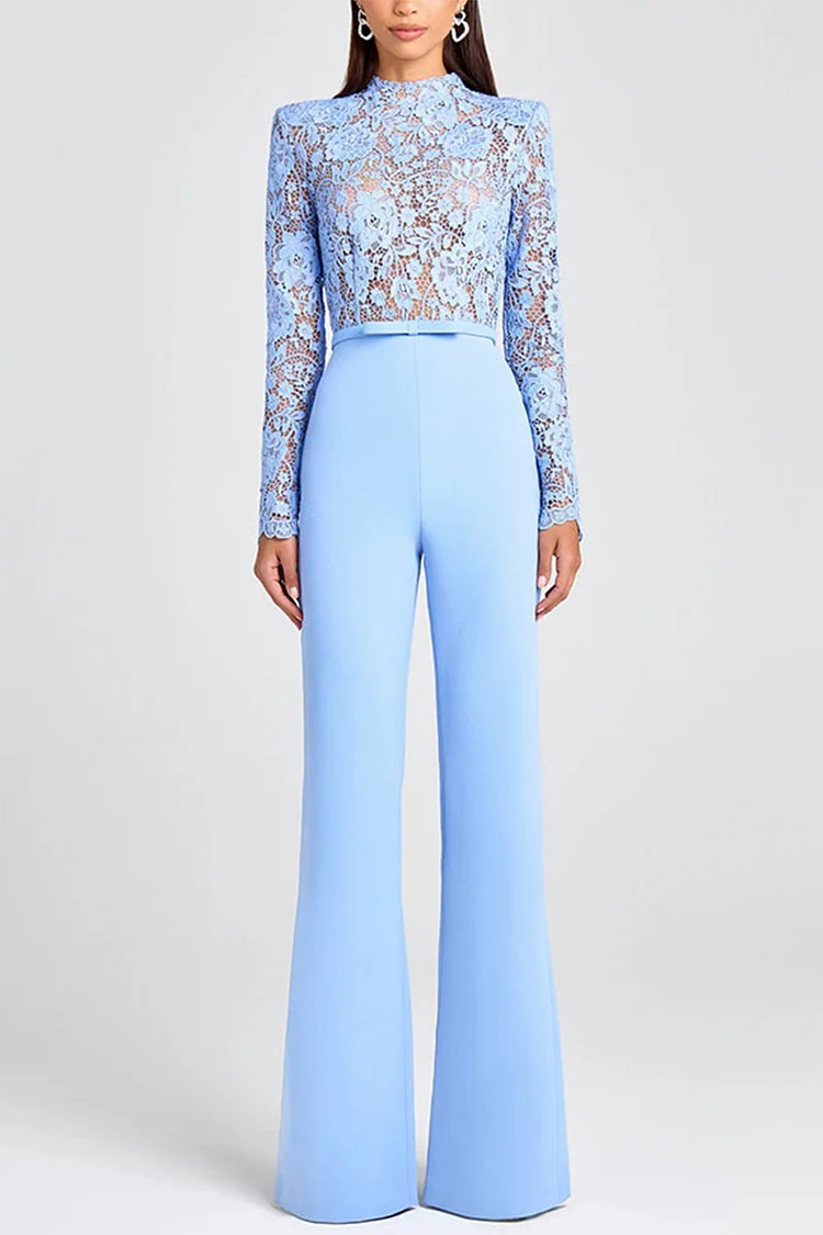 Lace See-Through Long Sleeve Flare Leg Belt Jumpsuit-Sky Blue