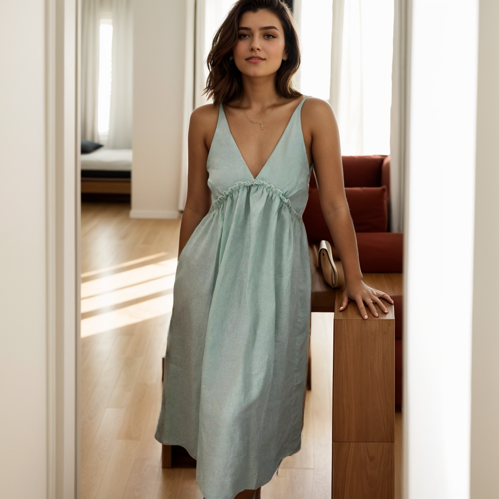 100% European Linen French Long V Neck Dress REAL SILK LIFE