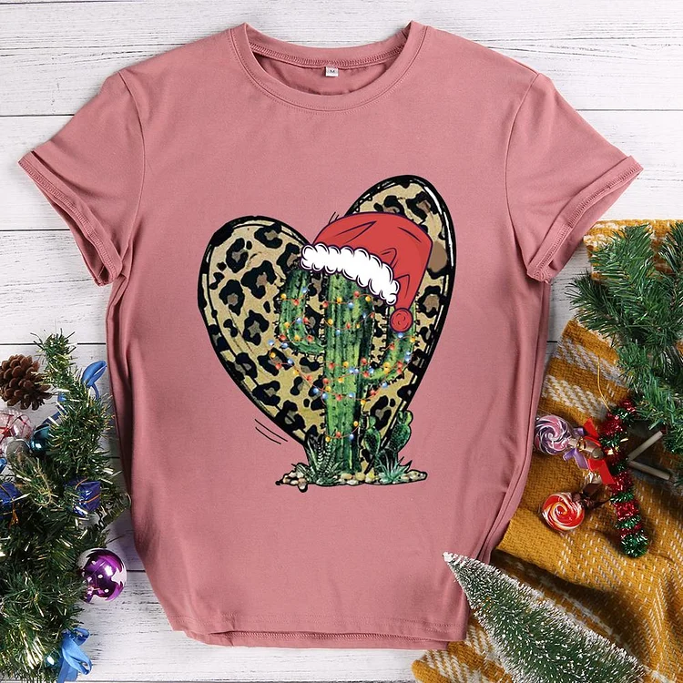 Christmas Cactus With Leopard heart and santa hat T-shirt Tee-011130