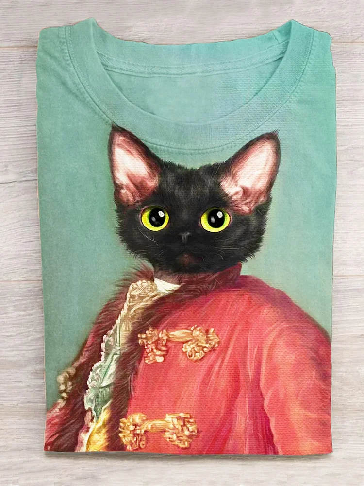 Famous Painting Series Cat Art Print Casual T-Shirt