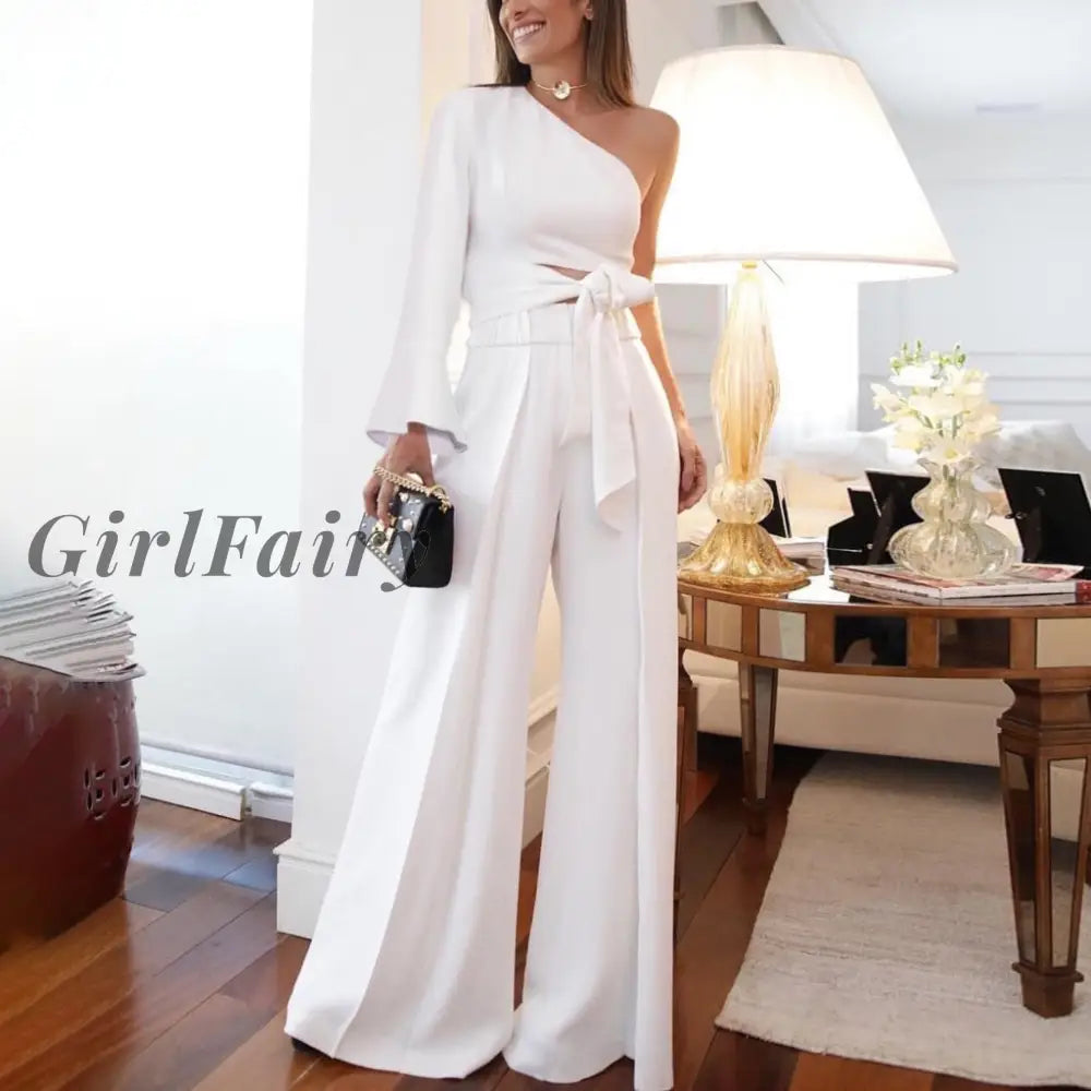 Girlfairy New Streetwear Womens Clothing One-Shoulder Sleeve Up Pants Set Two-Piece Women Bottoms