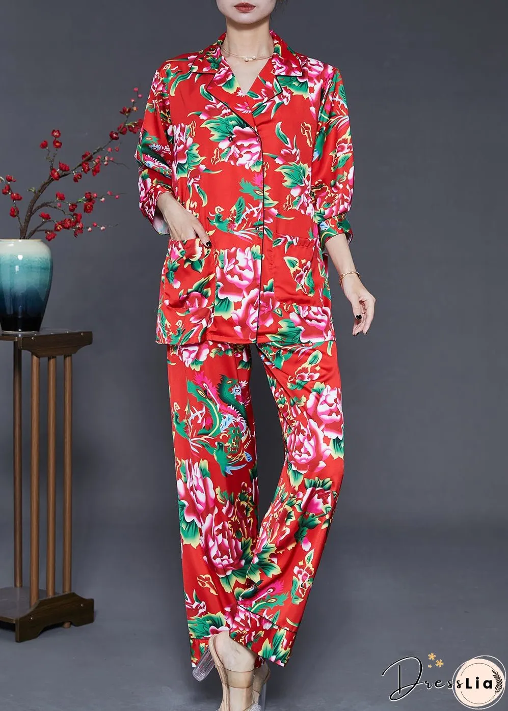 Vintage Red Peter Pan Collar Print Draping Silk Two Piece Set Fall