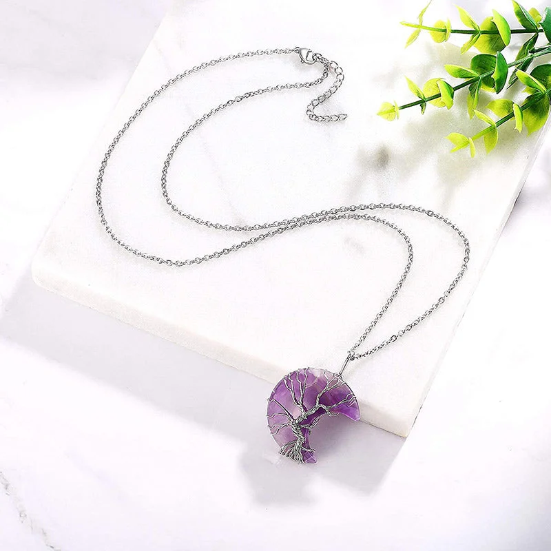 Natural Quartz Crystal Moon Tree Of Life Healing Energy Necklace Pendant