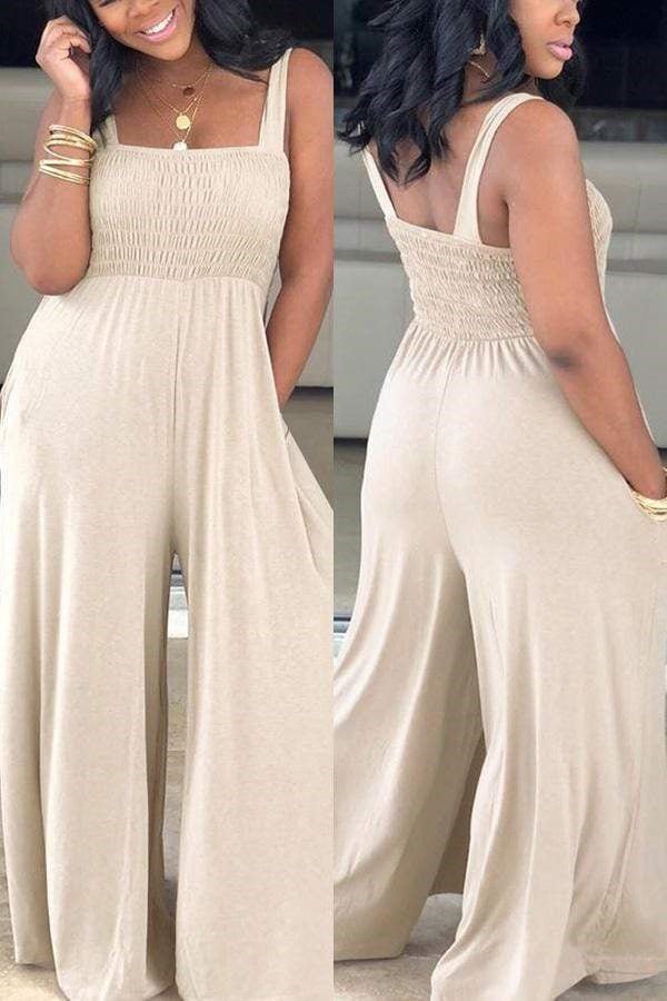 Xpluswear Plus Size Casual Solid Ruched Frilly Square Cami Wide Leg With Pockets Jumpsuit