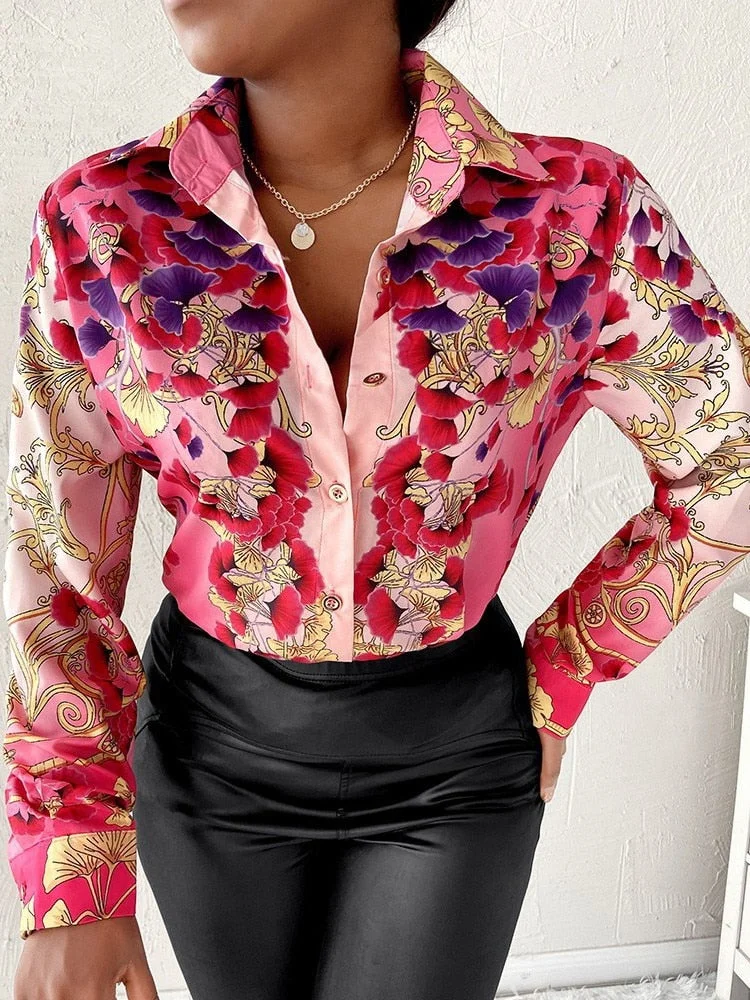 2022 Print Blouses For Women Fashion Turn-down Collar Long Sleeve Office Work Lady Shirts Plus Size Elegant Casual Blouse Tops