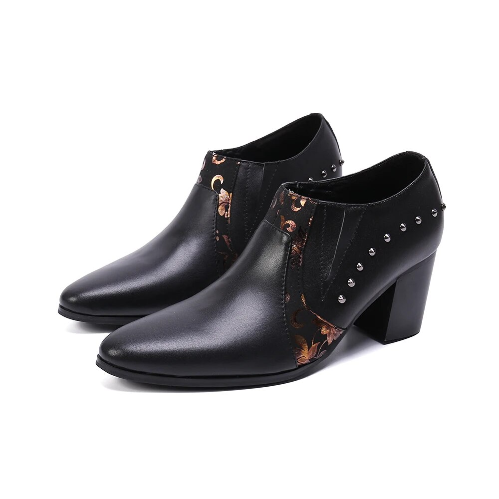 VCSHOES Real Leather High Heel Men Shoes Rivets Increase Height Party Dress Shoes Male Jazz Dancer Thick Heel Ankle Boots