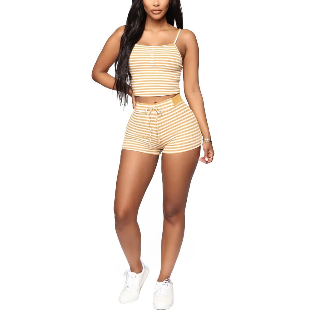 hirigin New Summer Women Sets Striped 2Pieces Outfits Streetwear Sling Camis Lace-up Shorts Female Sport Suits Tracksuit