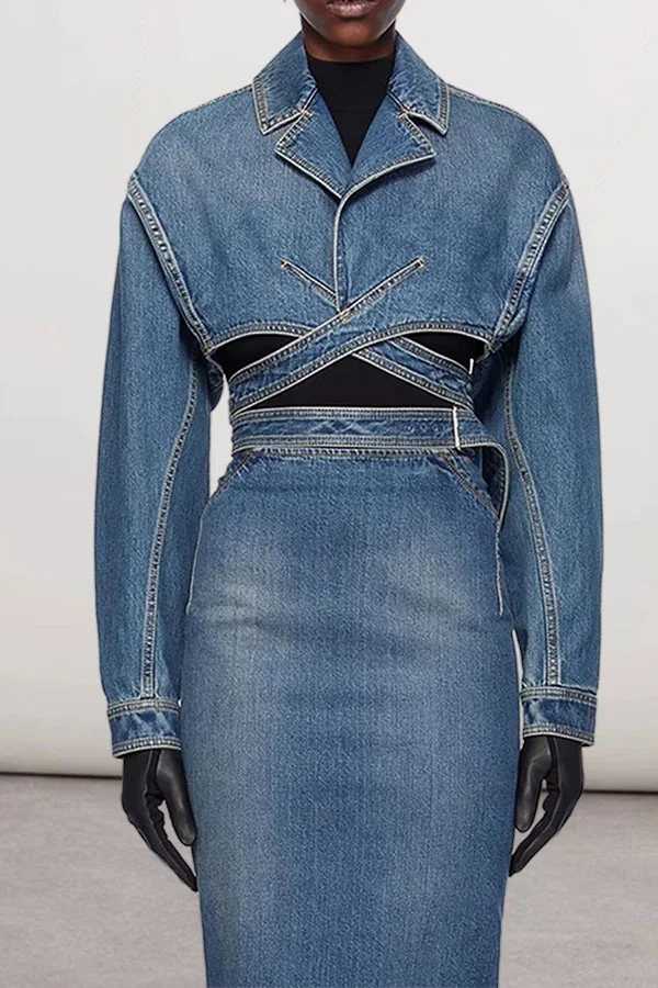 Blue Denim Unique Criss Cross Strappy Jacket