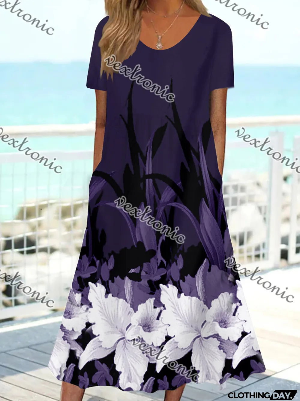 Women's Short Sleeve Scoop Neck Floral Printed Midi Dress With Pockets