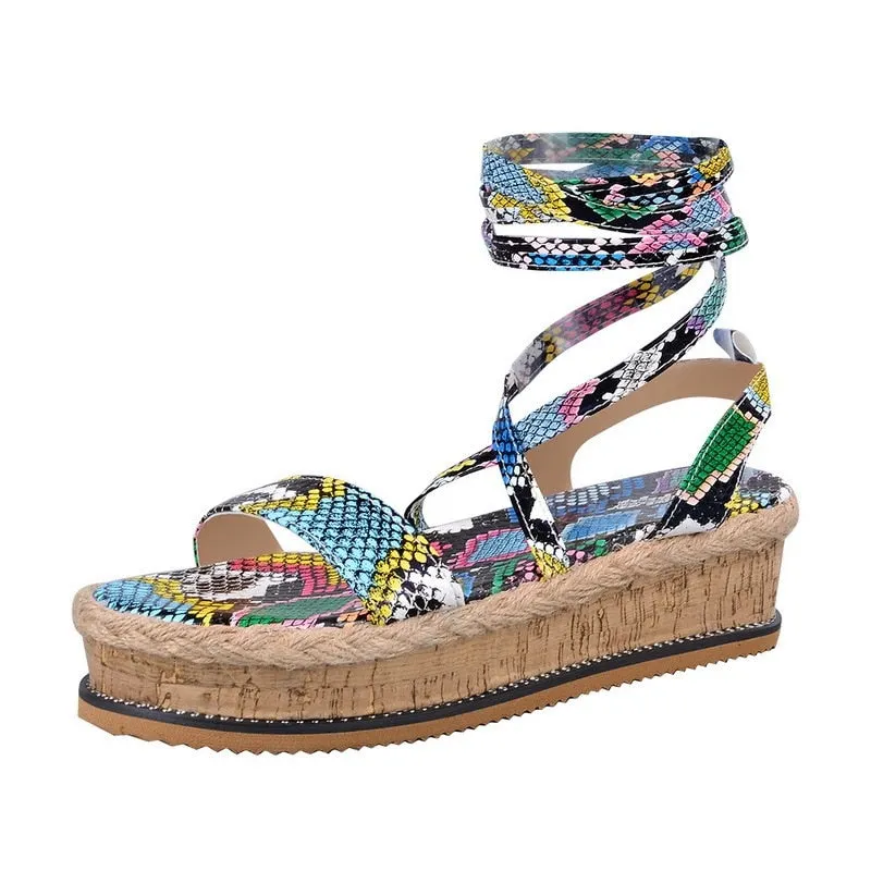 2021summer Women Sandals Ladies Platform Snake Pattern Sandals Open Toe Lace Ankle Cross Strap Slides Beach Outdoor Party Shoes
