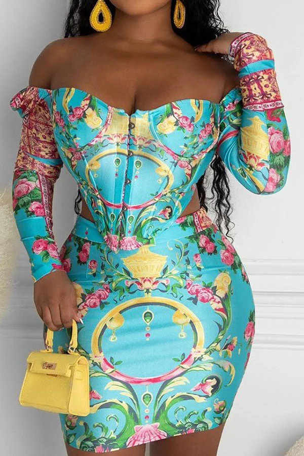 Floral Print Hot Off Shoulder Irregular Dress Suit