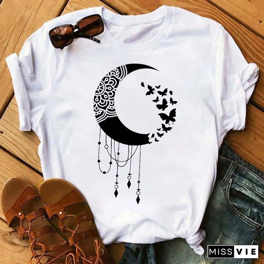 Maycaur Women Harajuku T Shirt New Moon Star Printed T Shirt O-Neck Summer Short Sleeve Tees Women Clothes Graphic T Shirts