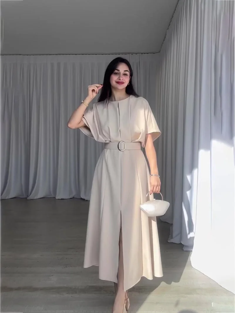 Fashion Round Neck Slim Dress with Waist Belt (Buy 2 Free Shipping)