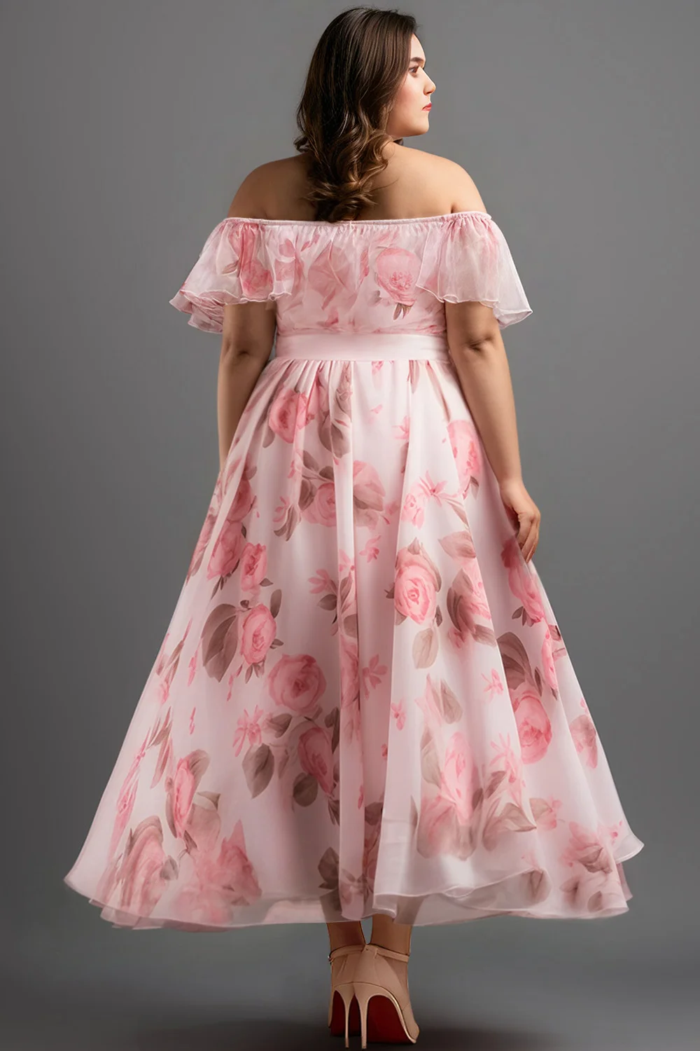 Flycurvy Plus Size Vacation Pink Chiffon Floral Print Off The Shoulder High Low Hem Maxi Dress