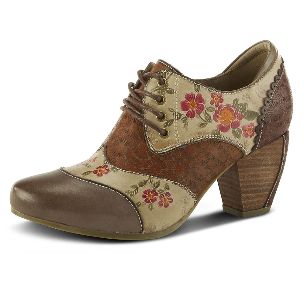 Khaki & Brown Mid Block Heel Lace-Up Oxford Shoes with Flower Print Nicepairs