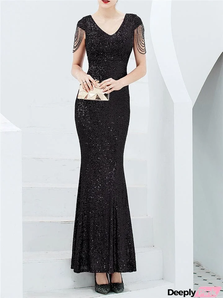 V-Neck Short Sleeve Graceful Slim Sequins Solid Color Long Evening Dresses