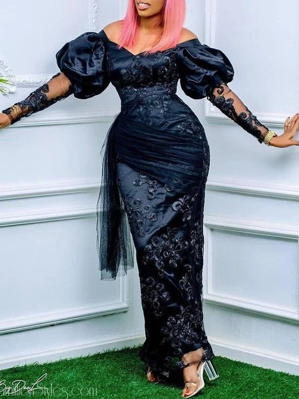 Fashion Off-The-Shoulder Puff Sleeve Empire  Lace Black Maxi Dress